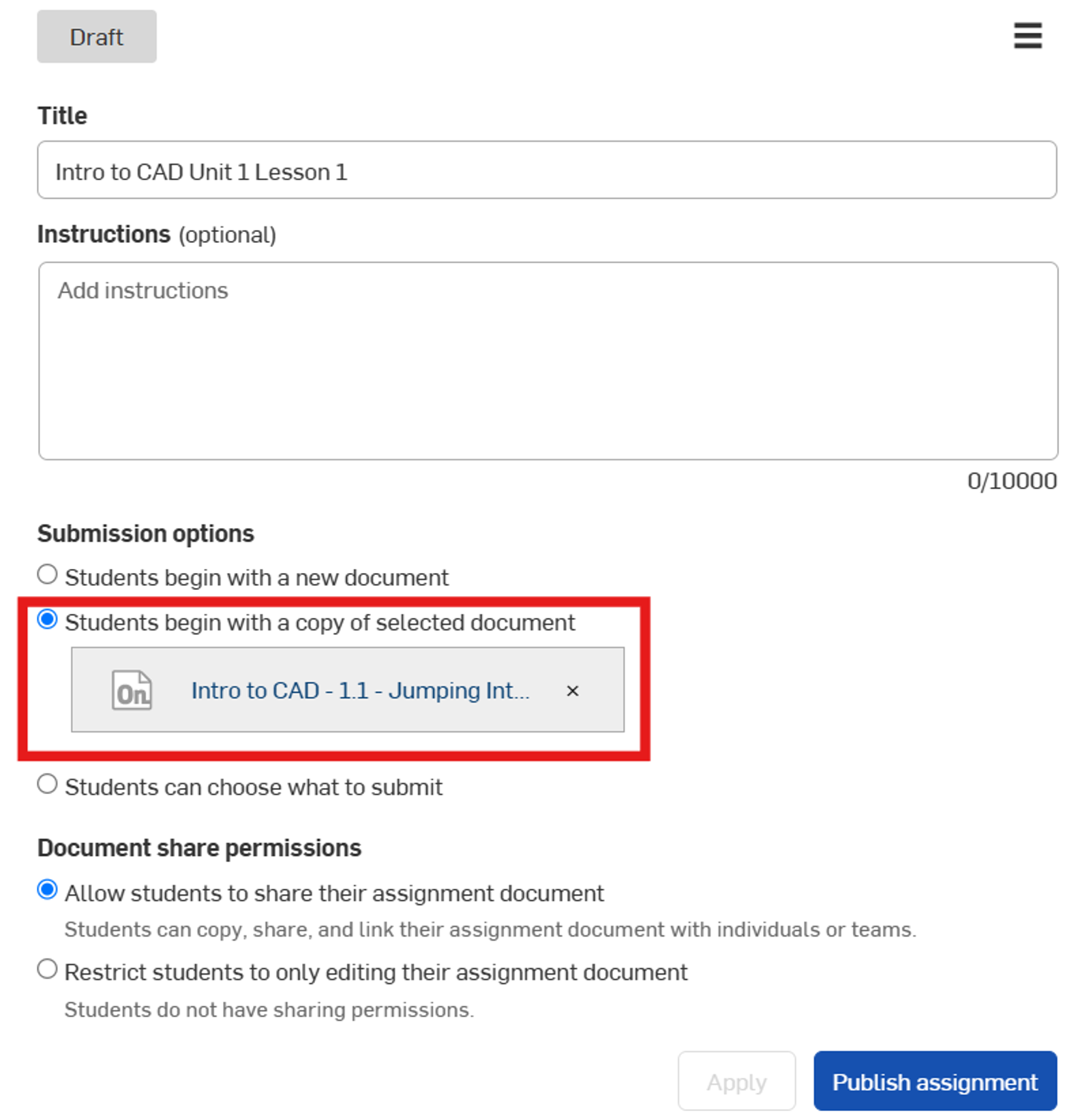 Onshape GUI showing the submission options for an assignment.