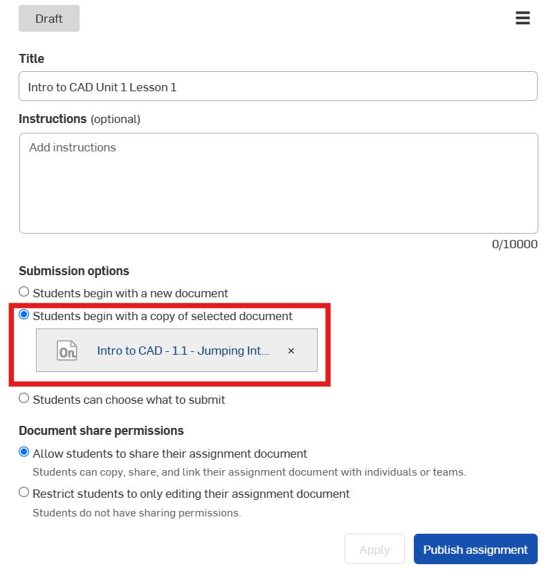 Onshape GUI showing the submission options for an assignment.