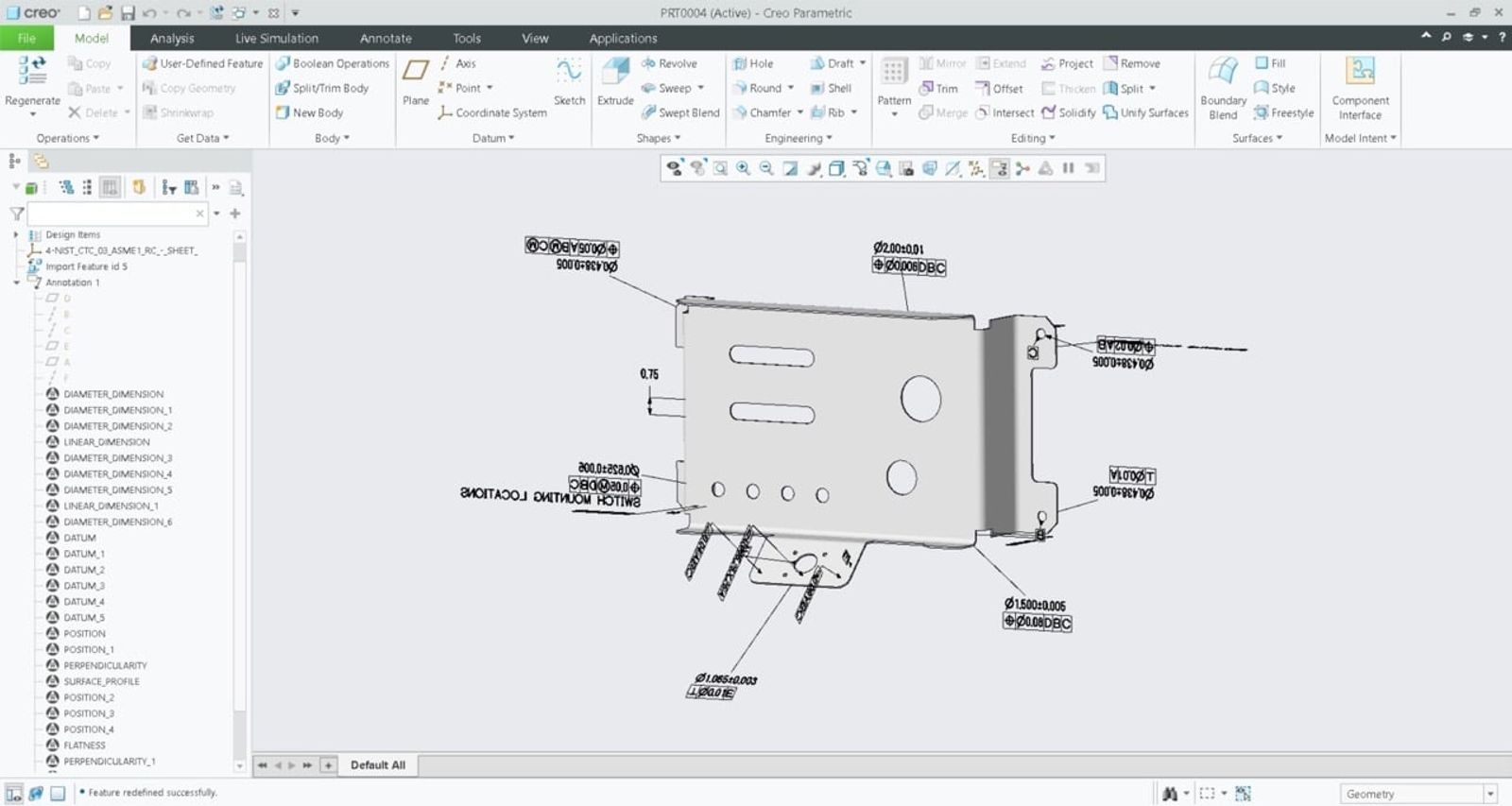 Creo GUI showing MBD information built from Onshape.