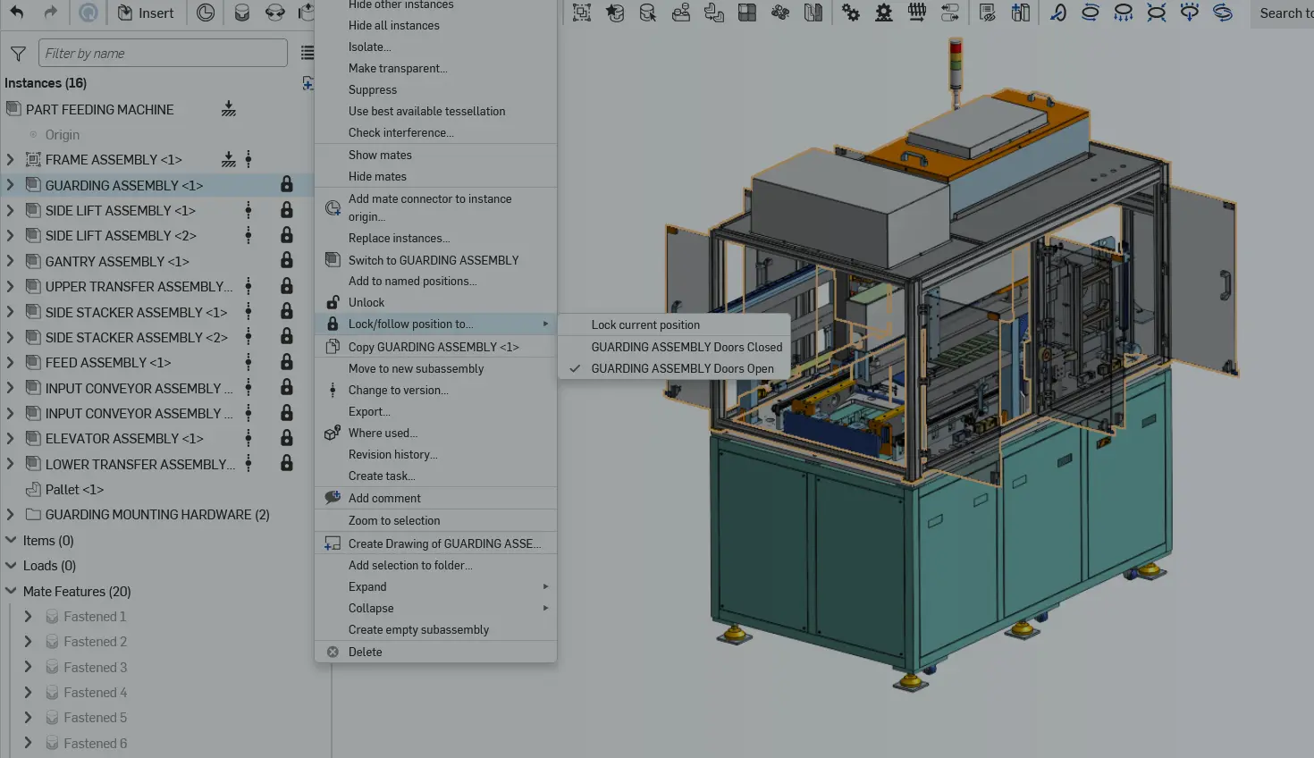 Onshape GUI with an overlay showing a large assembly.