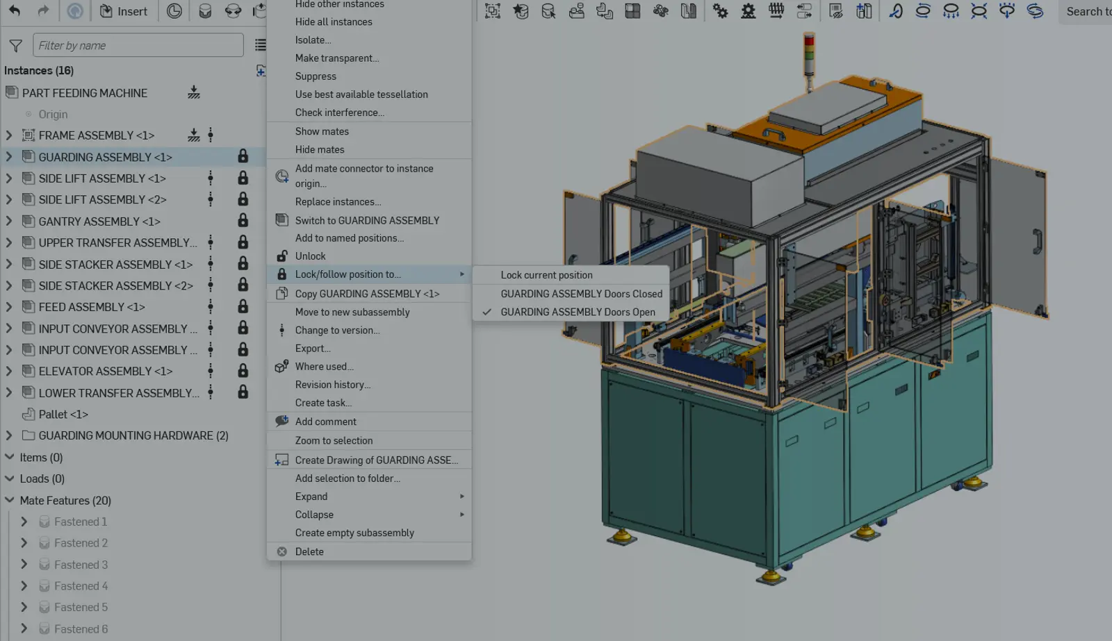 Onshape GUI with an overlay showing a large assembly. 