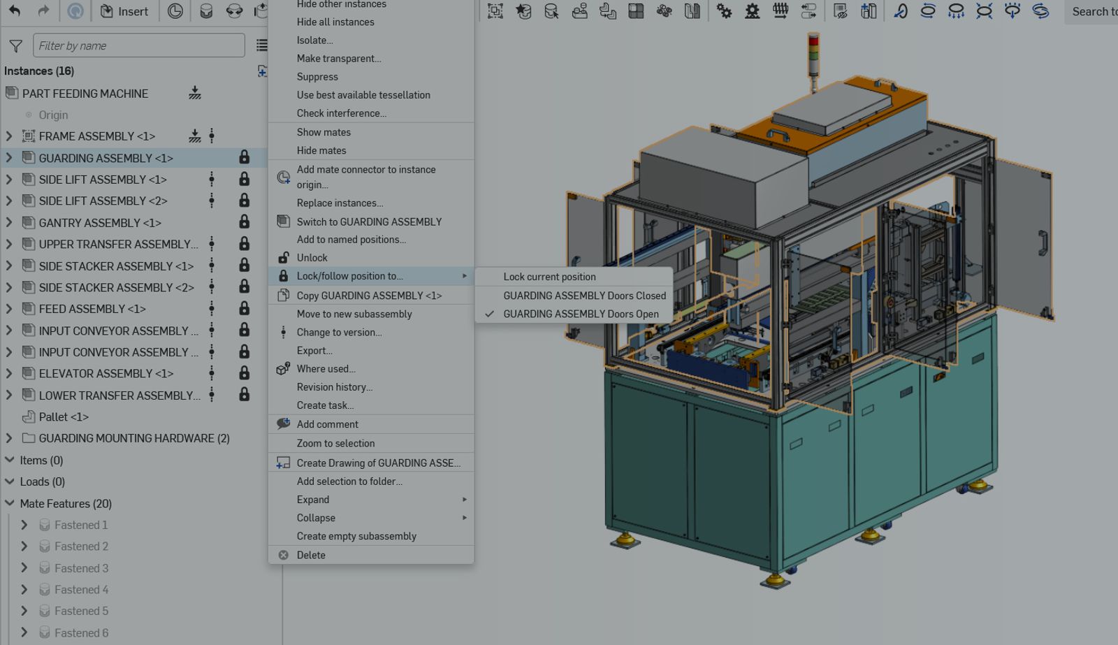 Onshape GUI with an overlay showing a large assembly. 