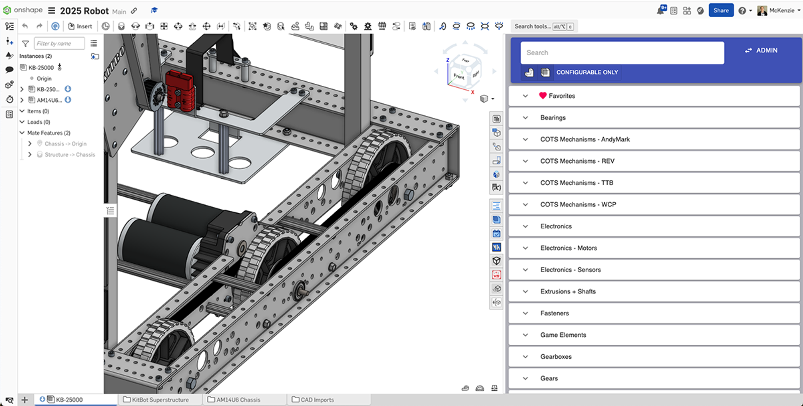 Onshape GUI showing FRC or FTC Library app