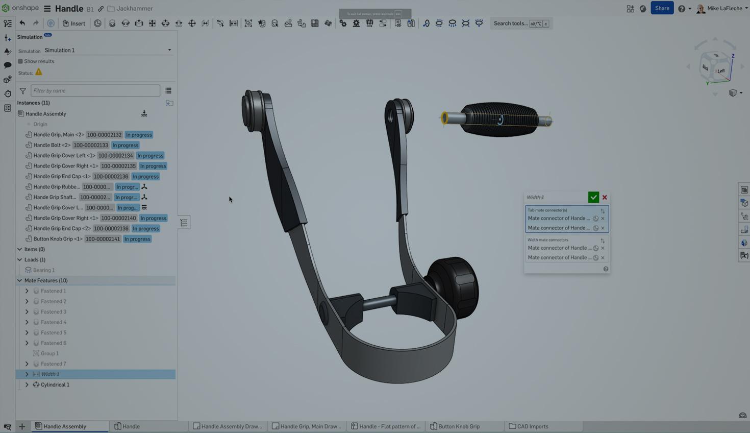 Onshape GUI showing a CAD model of a handle