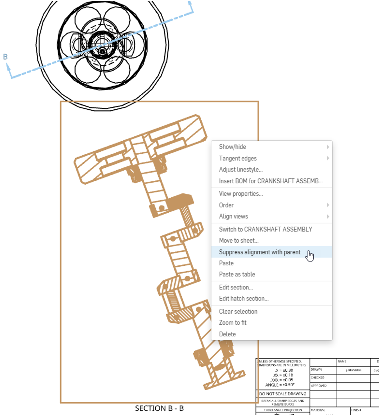 Onshape GUI closeup showing a drawing and the "Supress alignment with parent" option highlighted.
