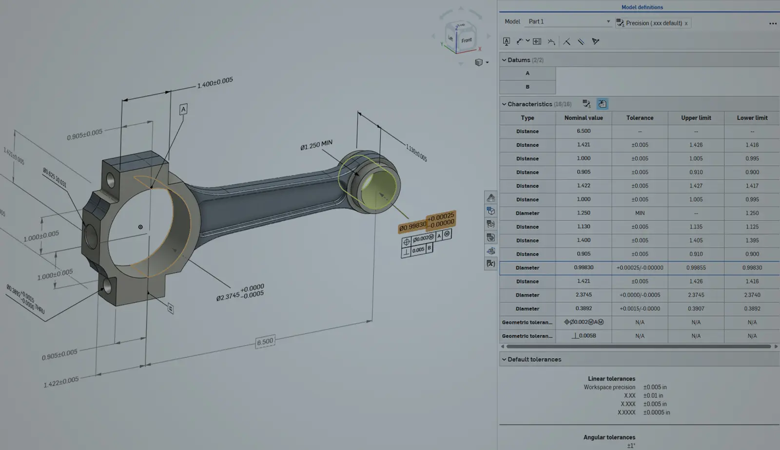 Onshape GUI with an overlay showing a CAD model with PMI embedded.