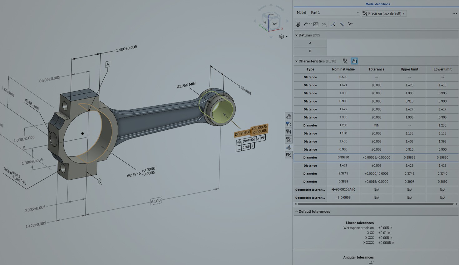 Onshape GUI with an overlay showing a CAD model with PMI embedded.
