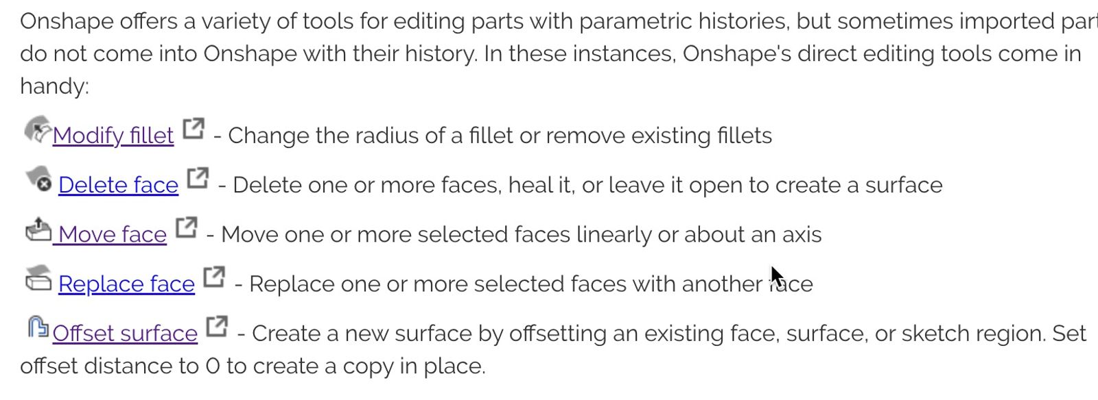 Tools for editing parts: modify fillet, delete face, move face, replace face, offset surface