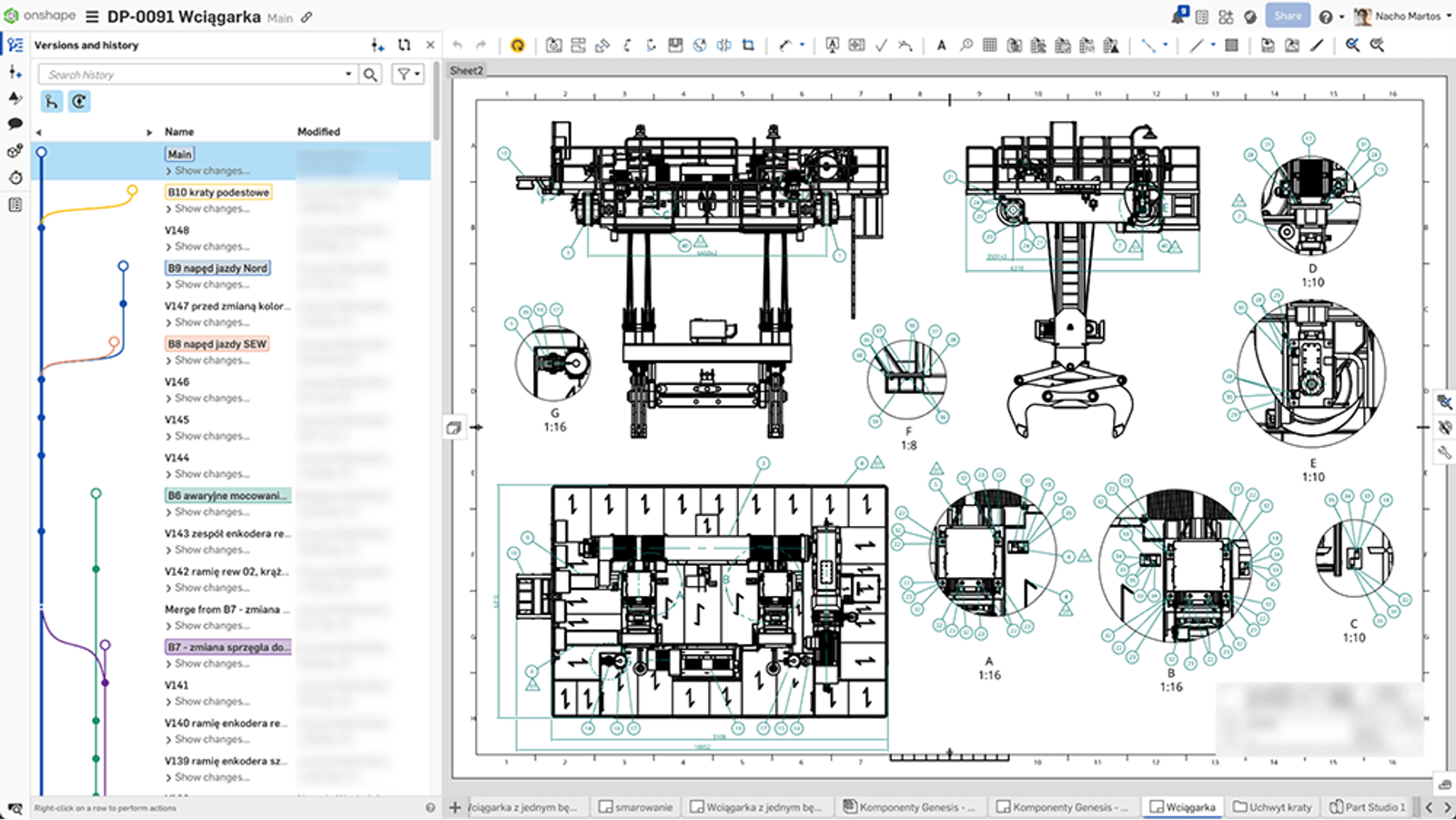 Industrial winch CAD drawing in Onshape