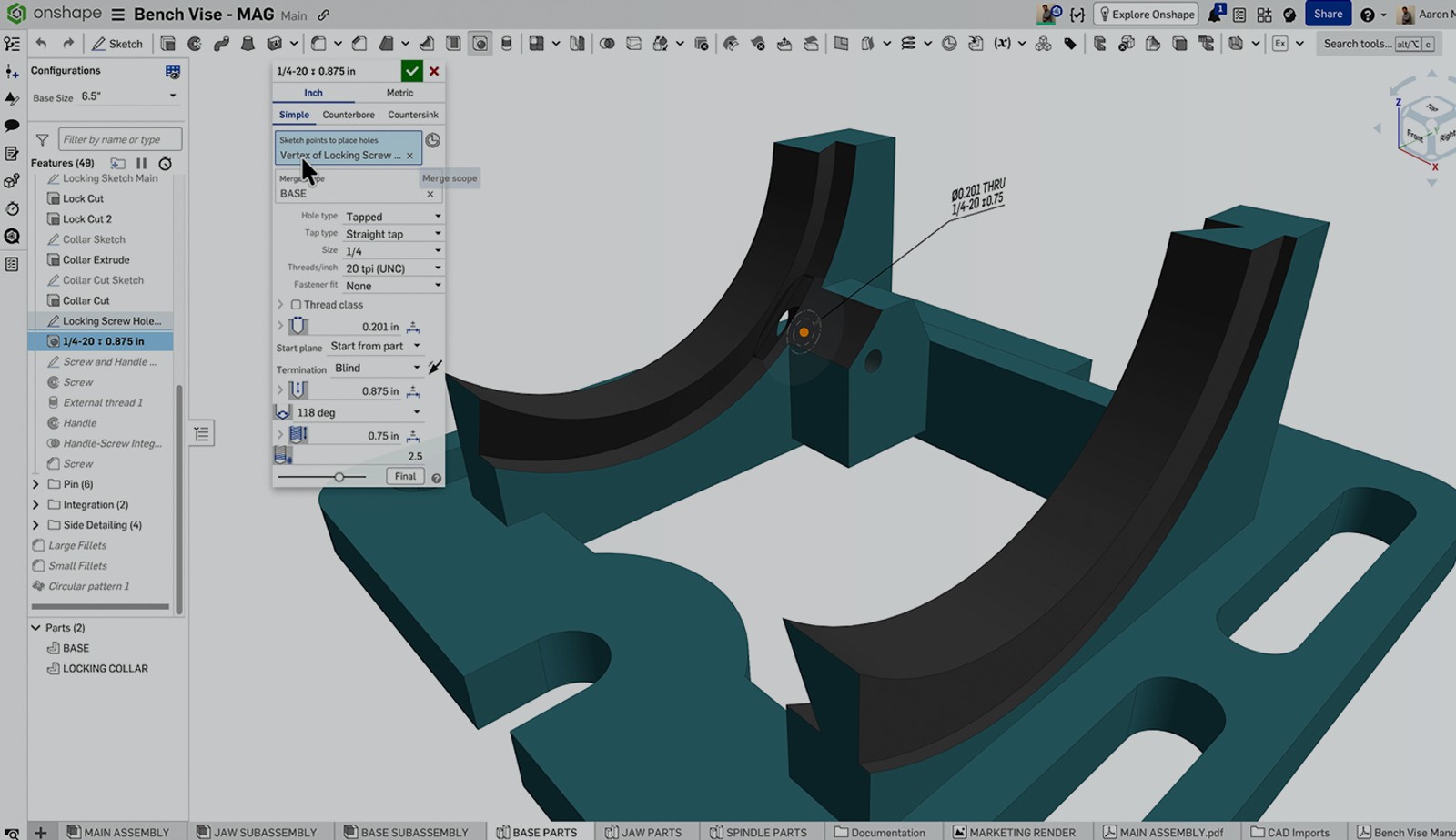 Onshape GUI showing a 3D-modeled bench vise and a Hole callout.