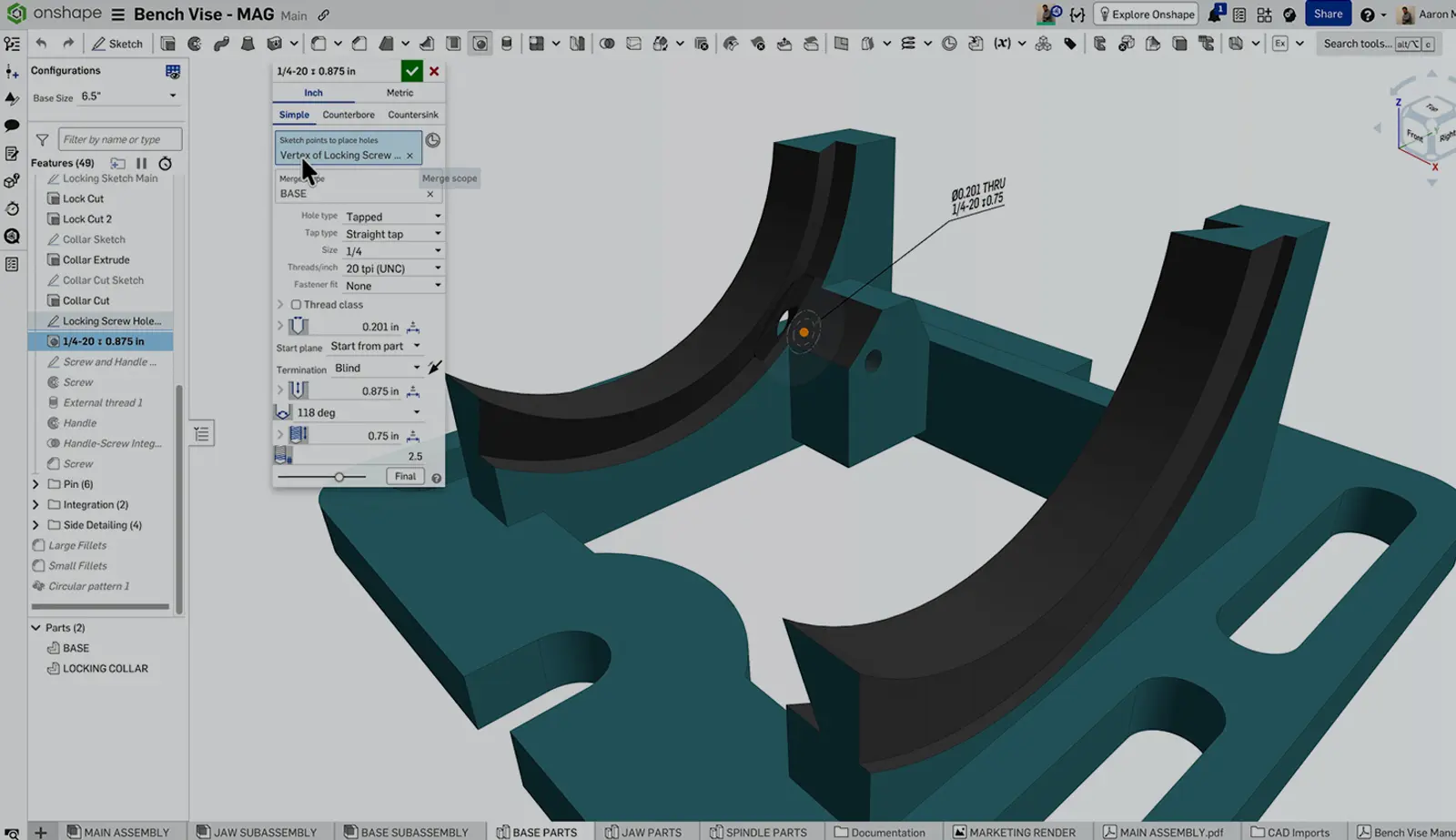 Onshape GUI showing a 3D-modeled bench vise and a Hole callout.