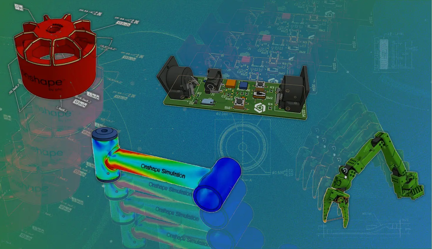 Collage with an overlay showing CAD models built in Onshape