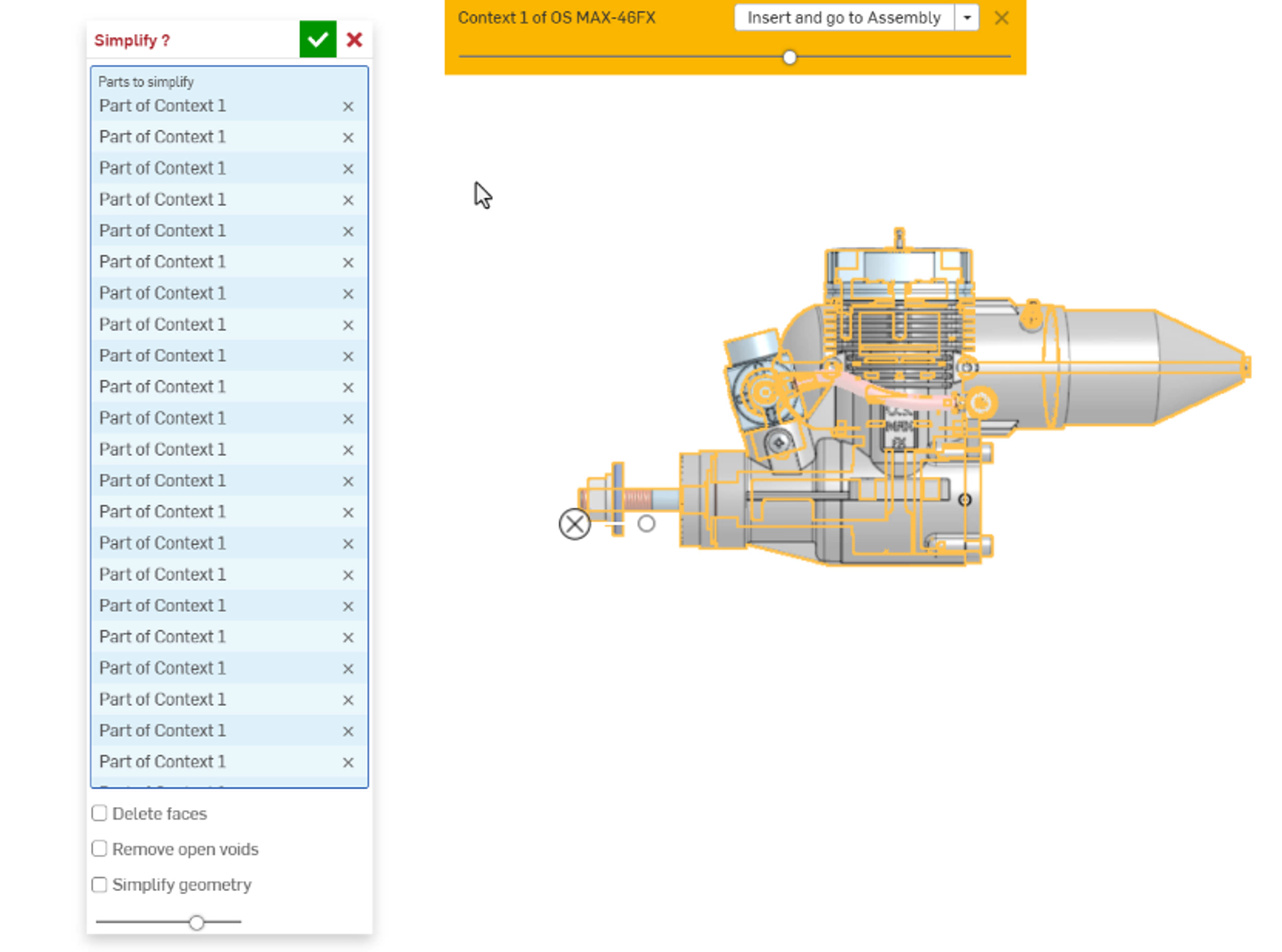 Onshape GUI showing a CAD model and the Simplify custom feature.