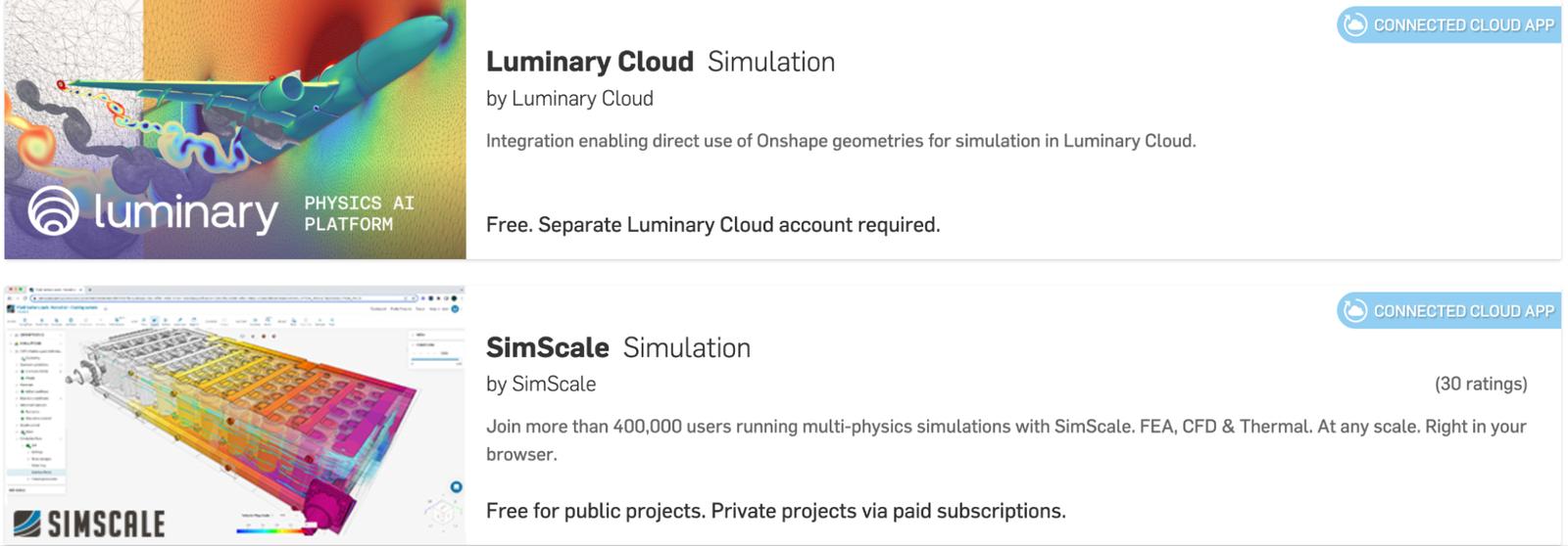 Onshape App Store GUI showing two parter apps by Luminary Cloud and SimScale.