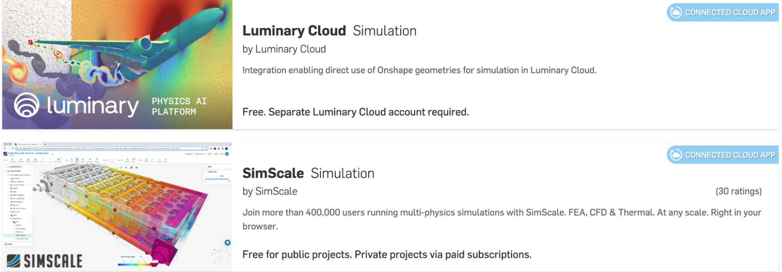 Onshape App Store GUI showing two parter apps by Luminary Cloud and SimScale.
