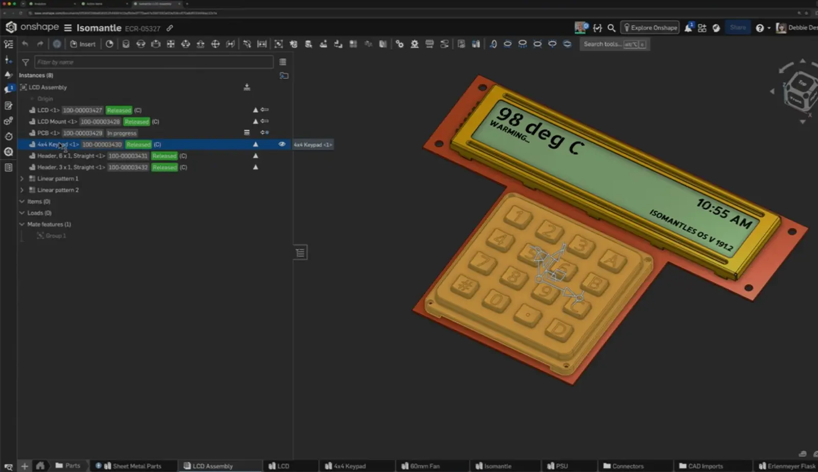 Onshape GUI with an overlay showing a 3D model of an isomantle and a numerical keypad.
