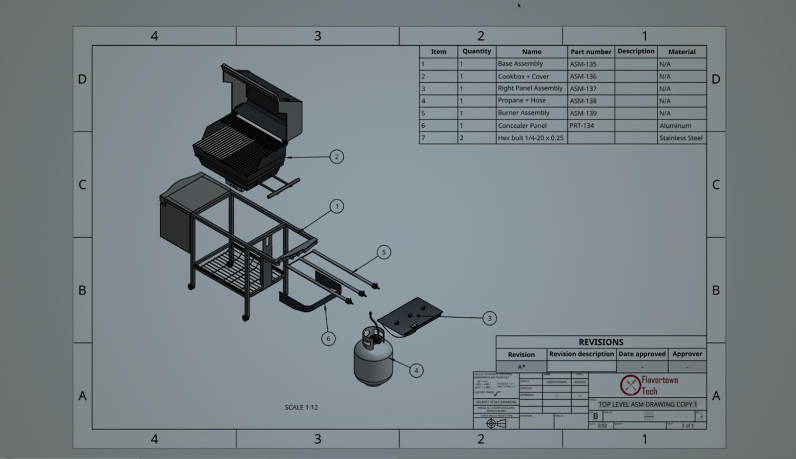 Onshape GUI with an overlay showing an exploded view drawing of a 3D-modeled BBQ