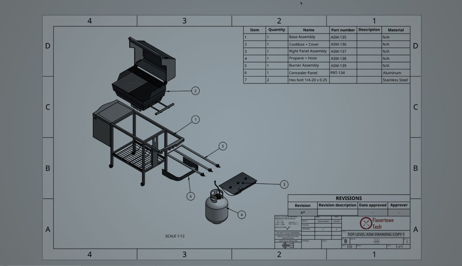 Onshape GUI with an overlay showing an exploded view drawing of a 3D-modeled BBQ