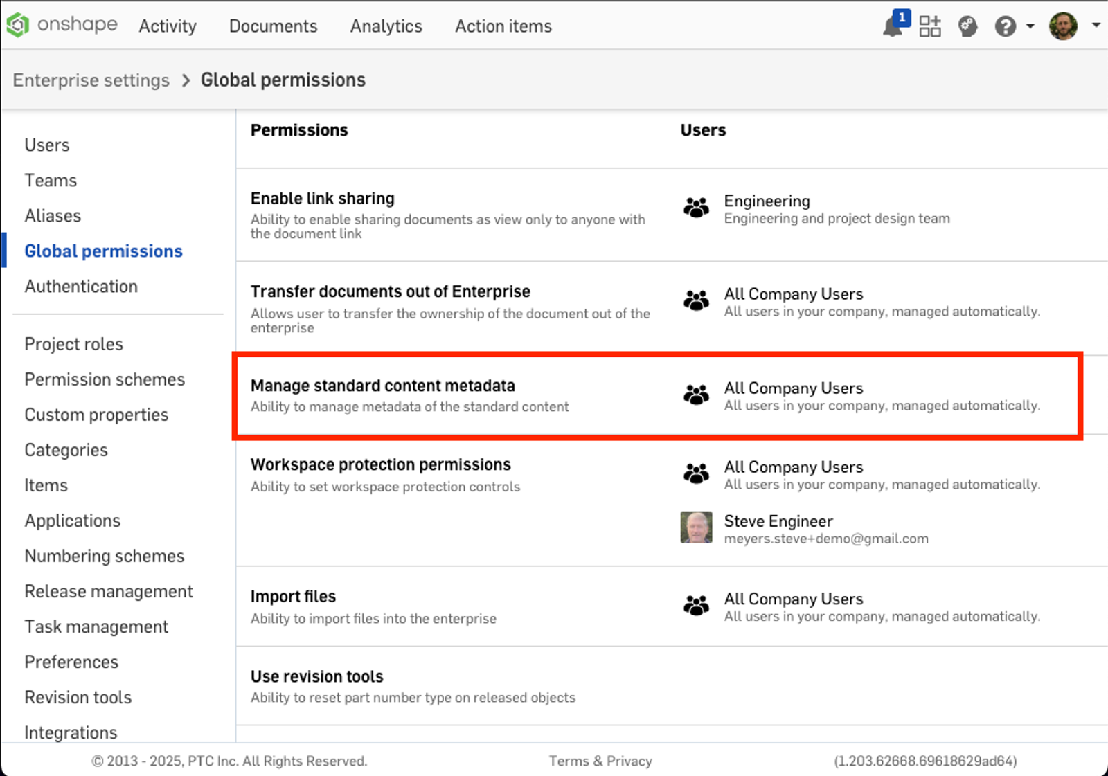 Onshape GUI showing Global permissions in the Enterprise settings. Manage standard content metadata is outlined with a red box.