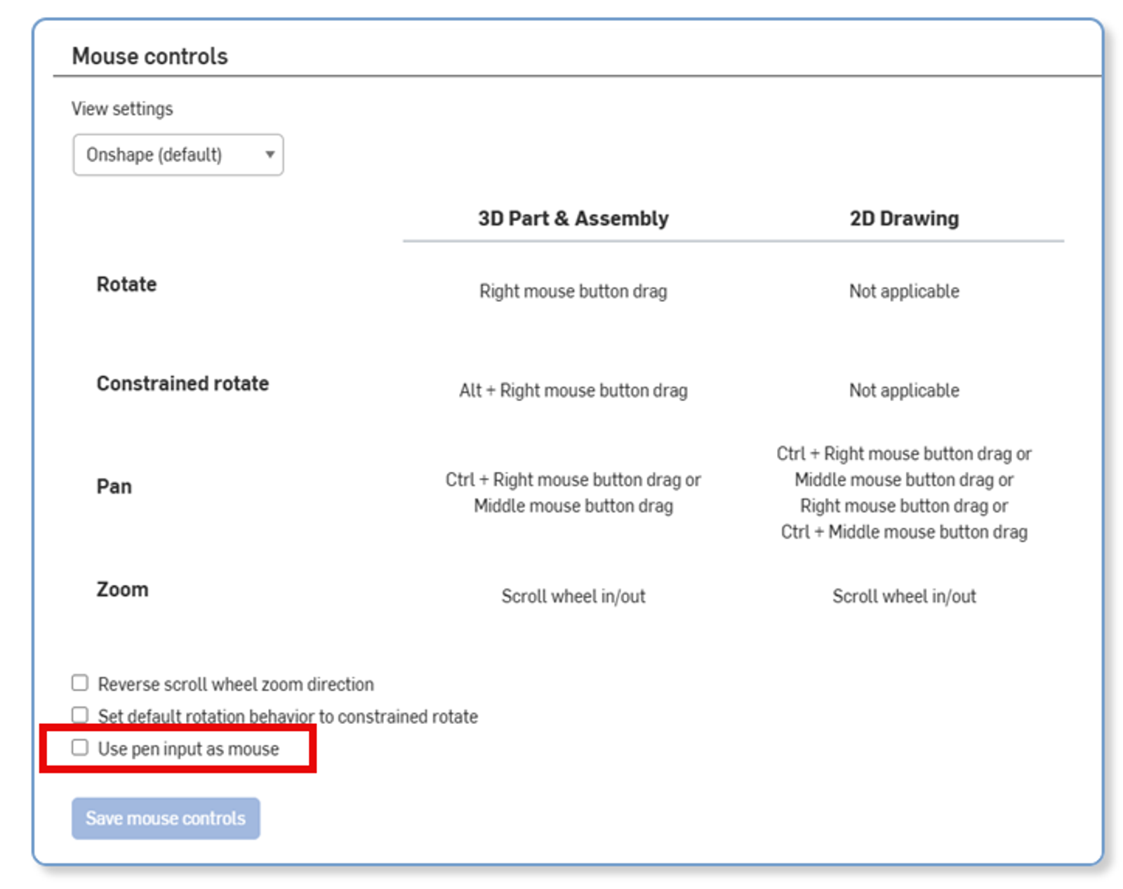 Onshape GUI showing Mouse controls.