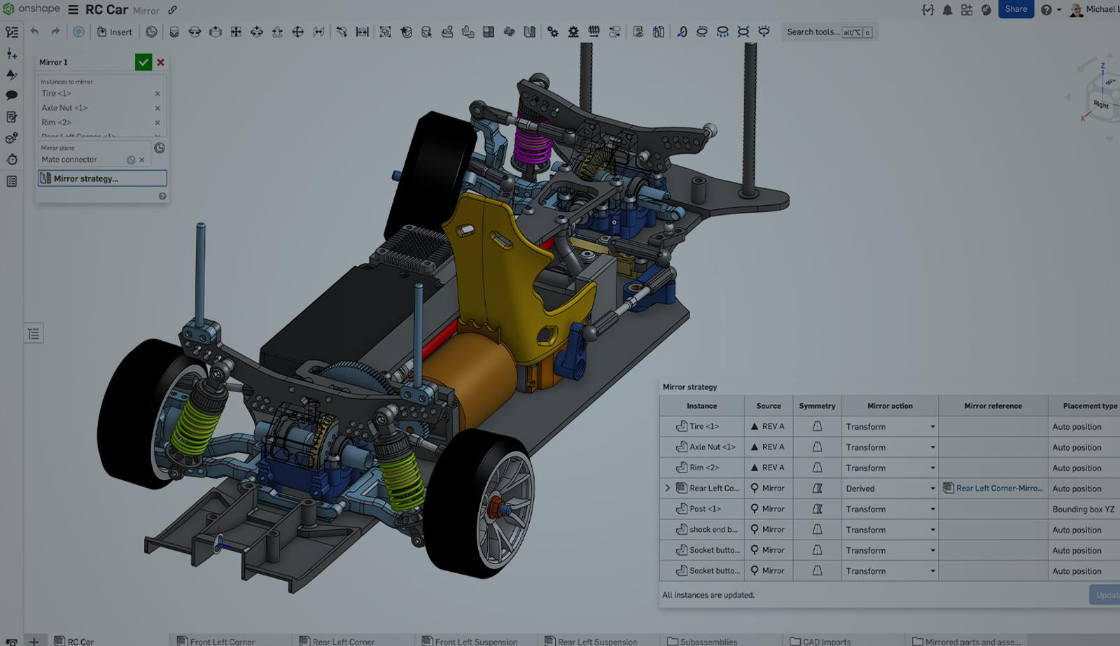 Onshape GUI with an overlay showing a 3D model of an RC car.