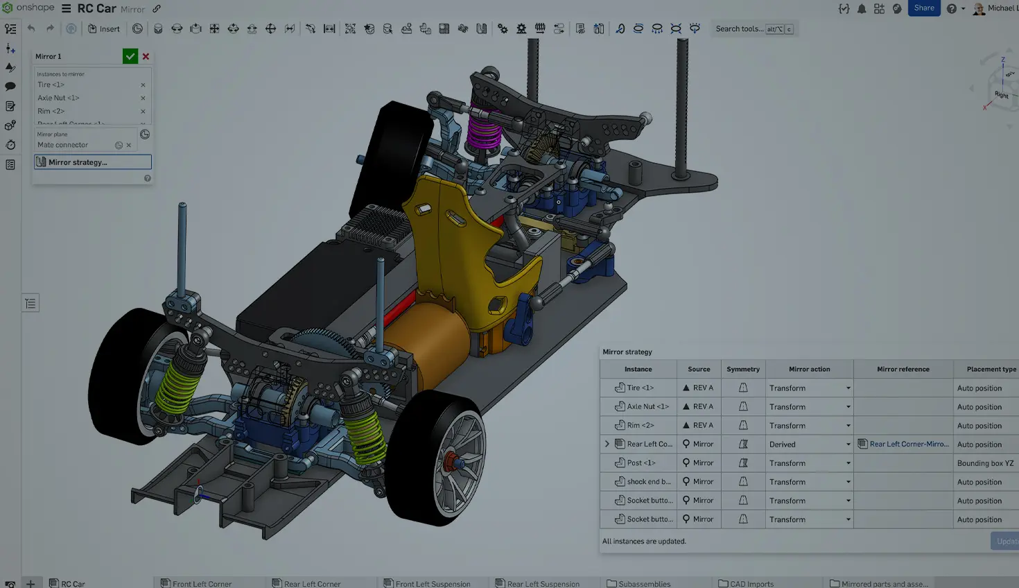 Onshape GUI with an overlay showing a 3D model of an RC car.