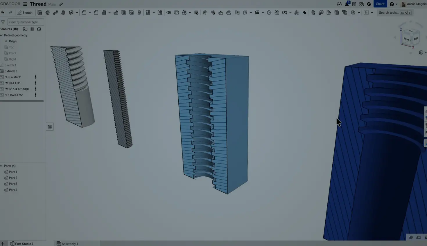 Onshape GUI with an overlay showing different types of threads on a 3D model.