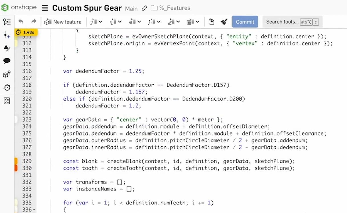 Onshape GUI showing FeatureScript language.