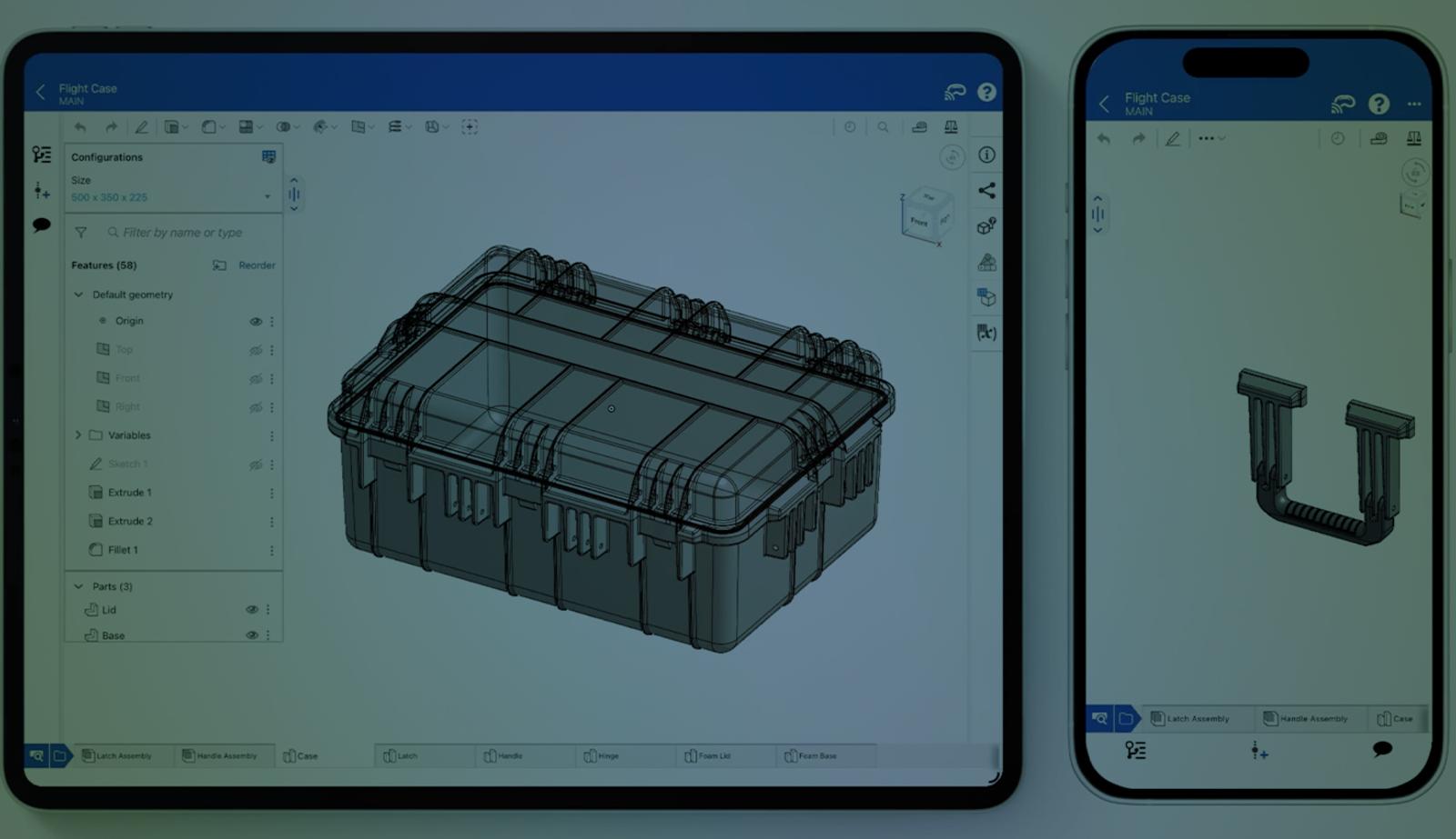 Onshape GUI darkened with an overlay on iOS devices, an iPad and iPhone, showing a CAD model.