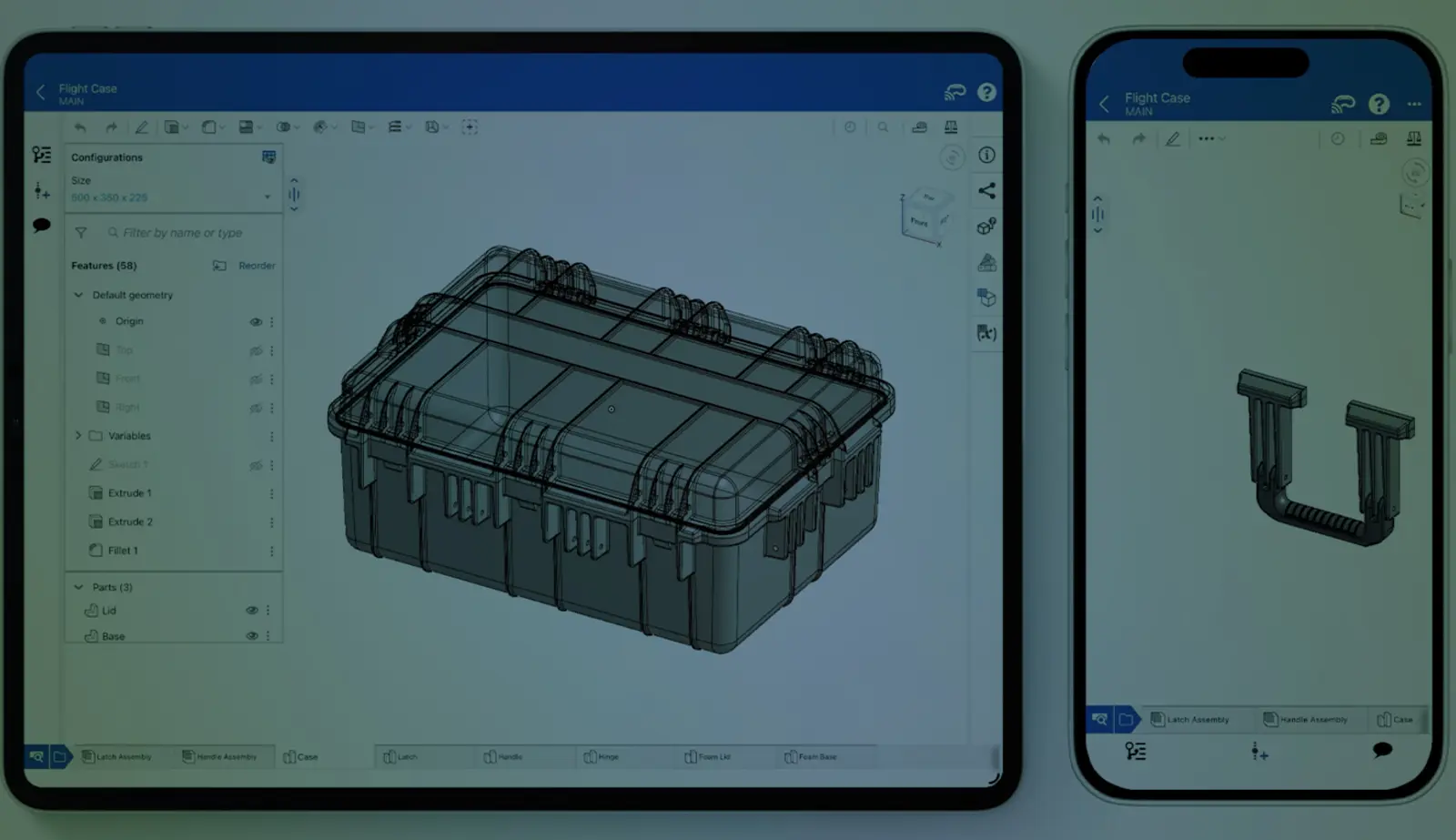 iPad と iPhone の iOS デバイス上で CAD モデルを示すオーバーレイで暗くなった Onshape GUI。