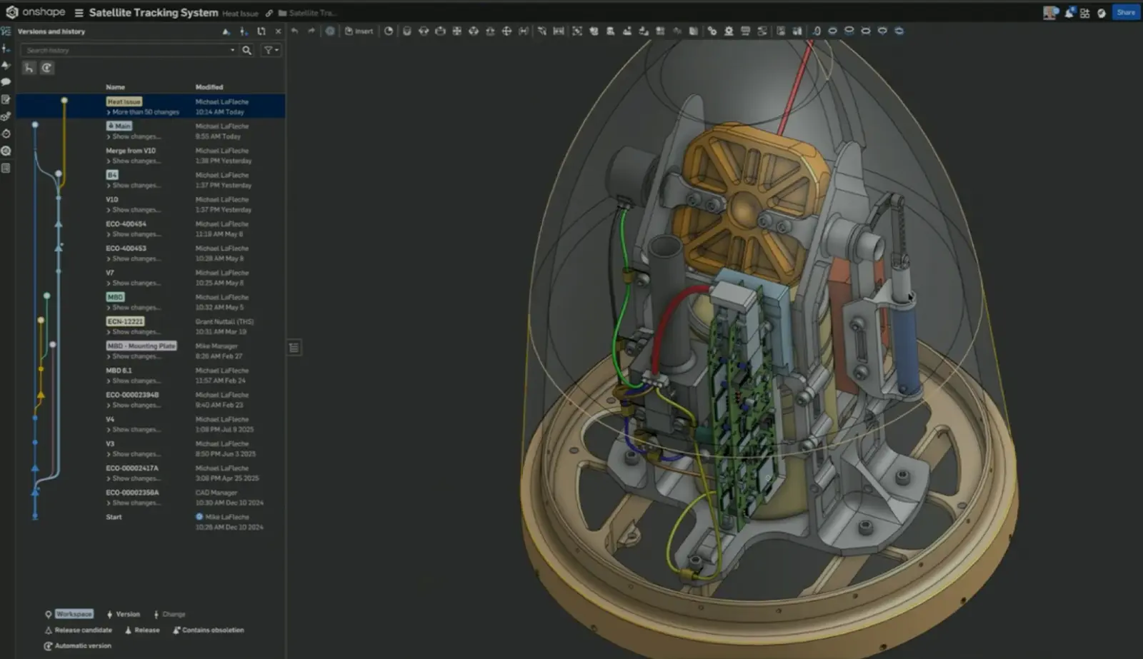 Onshape GUI with an overlay showing a satelitte tracking system.