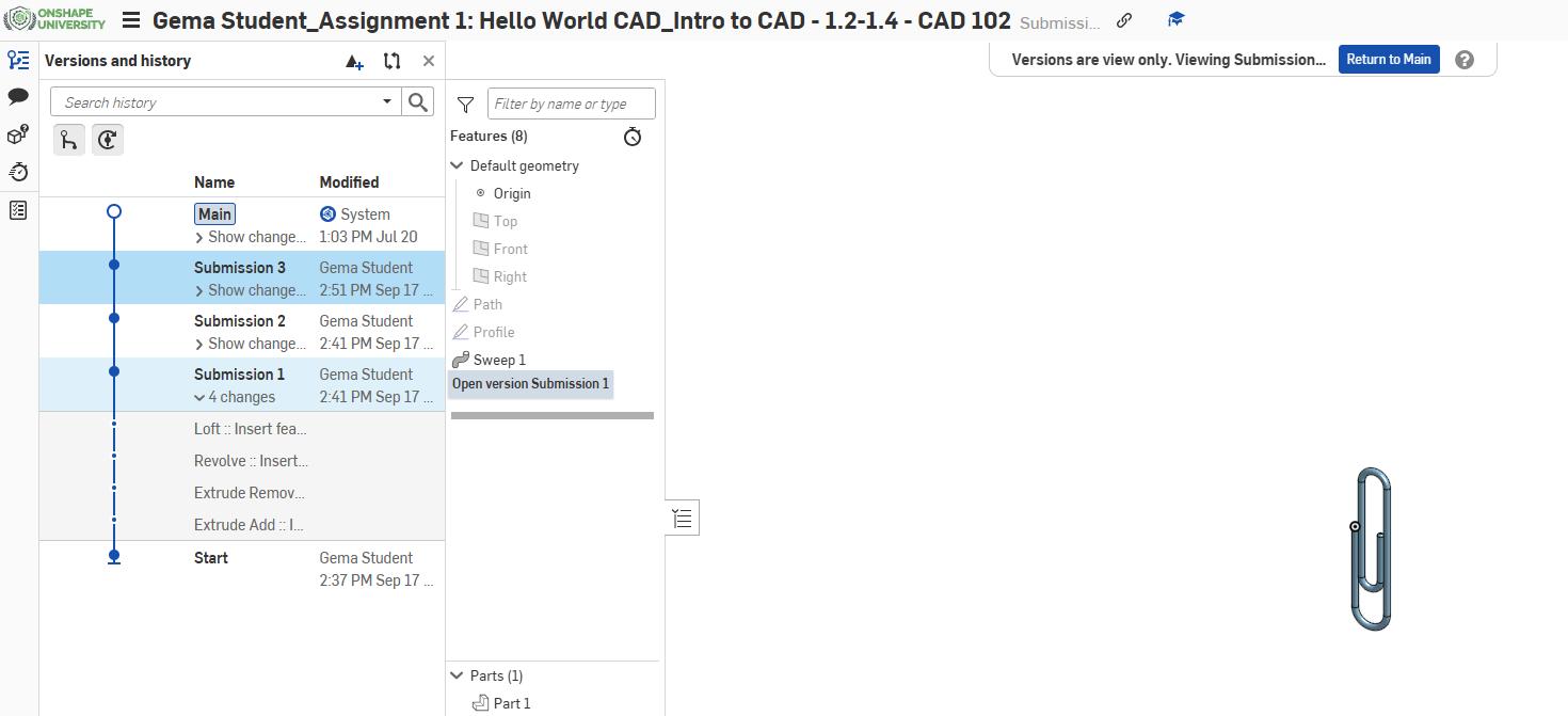 Onshape GUI showing a student assignment of a 3D-modeled paperclip and its versions and editing history.