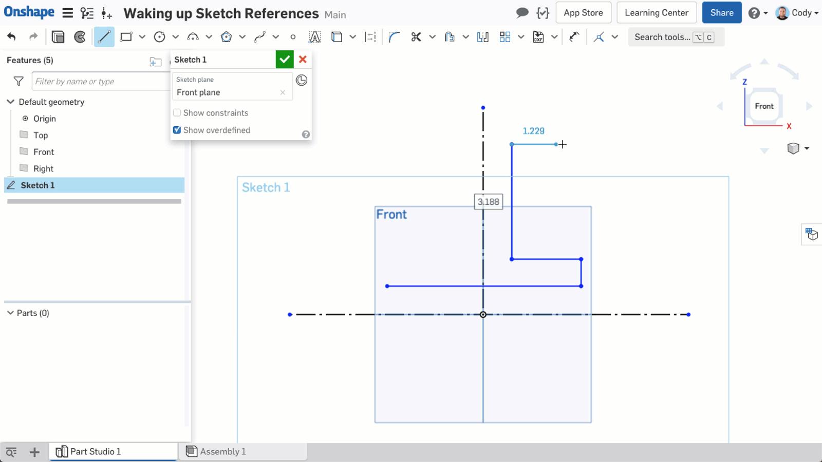 Animated Onshape screenshot shows you how to save time by waking up references and constraining them as you sketch.