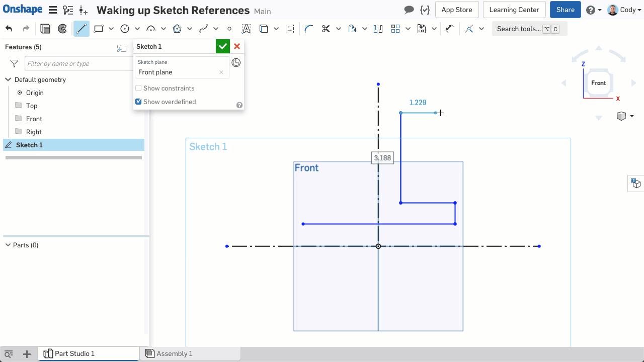 Animated Onshape screenshot shows you how to save time by waking up references and constraining them as you sketch.