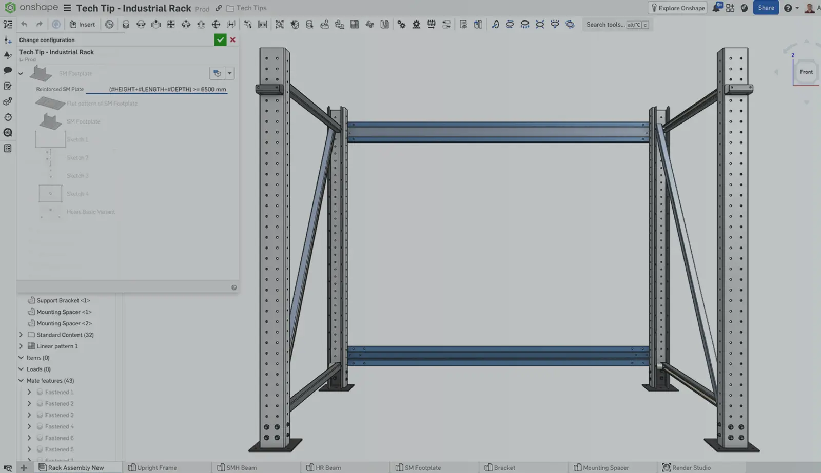 Onshape GUI with an overlay showing a 3D-modeled industrial rack.