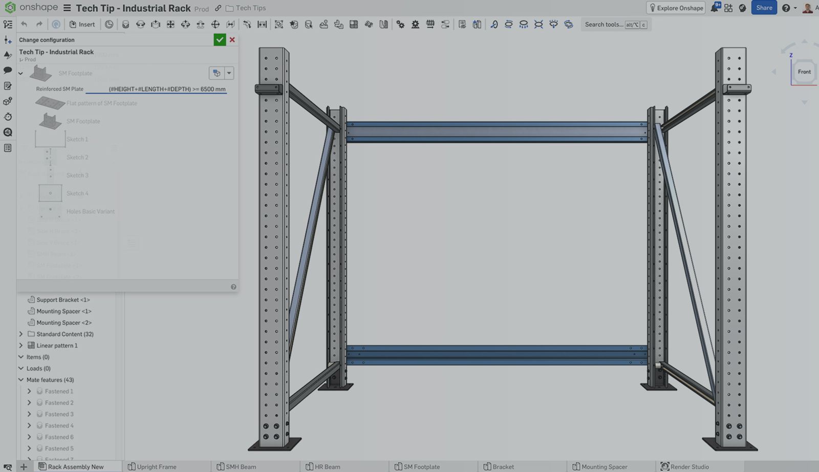 Onshape GUI with an overlay showing a 3D-modeled industrial rack.