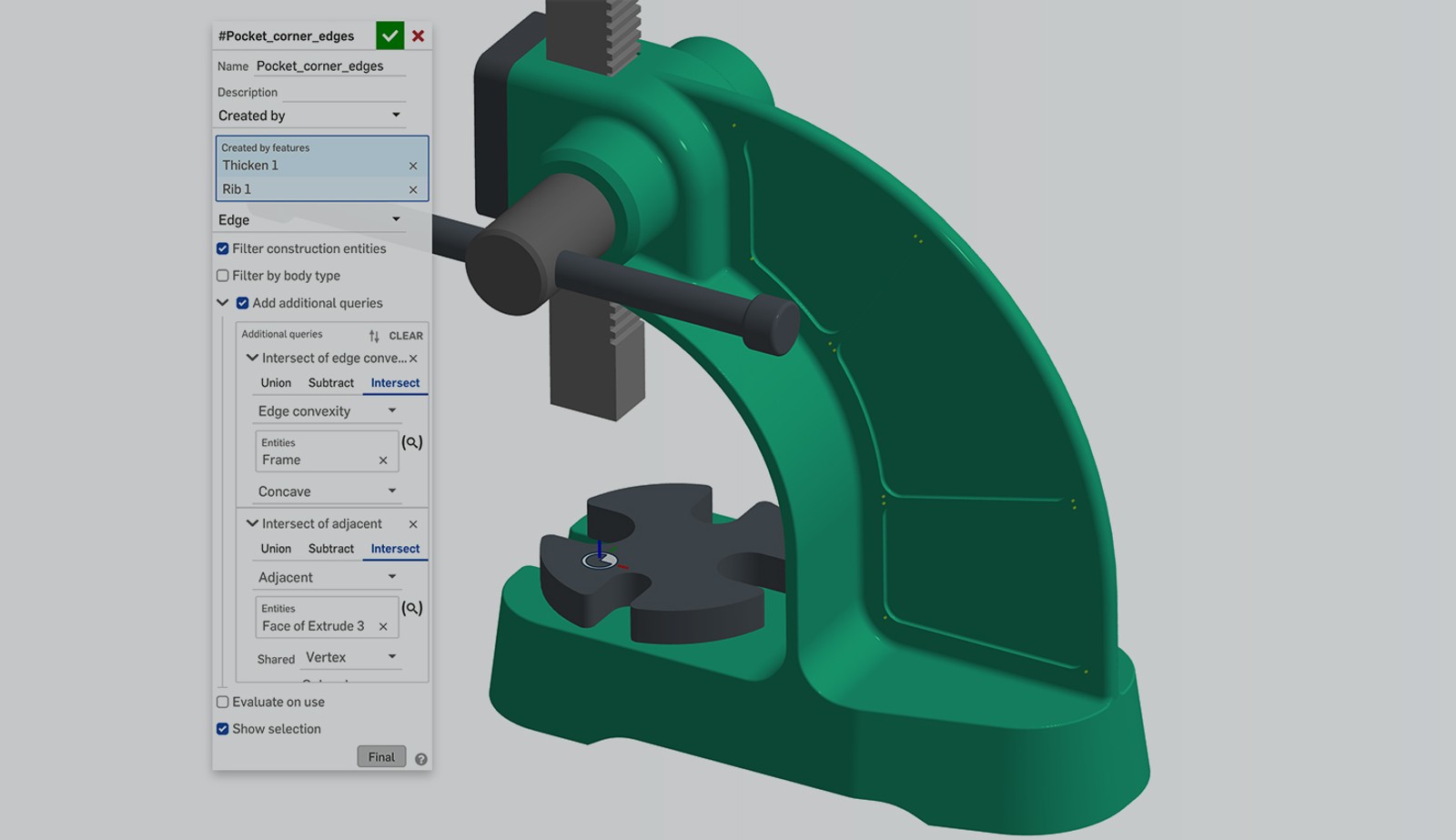 Onshape GUI with an overlay showing a 3D-modeled Arbor Press.