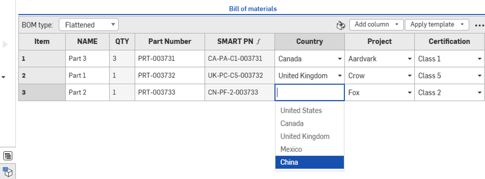 Onshape GUI showing a Bill of Materials.