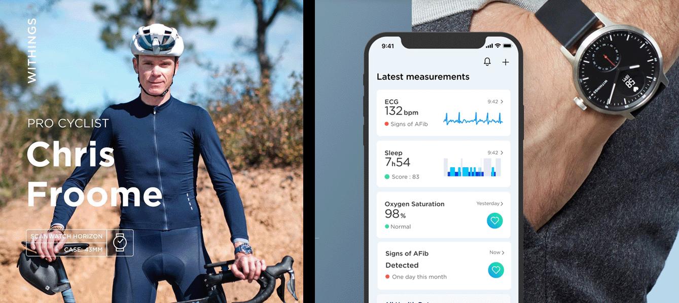 Pro Cyclist Chris Froome side by side with athlete stats from Withings Scanwatch Horizon