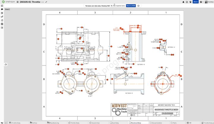 Onshape GUI showing Drawing with MBD annotations.