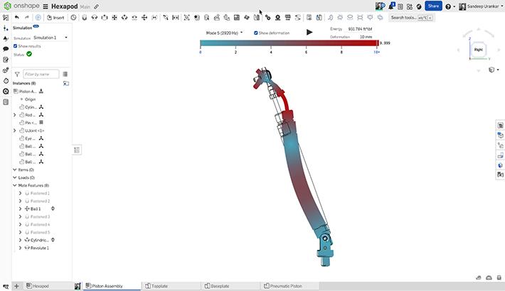 Onshape GUI showing a 3D-modeled hexapod undergoing simulation analysis.