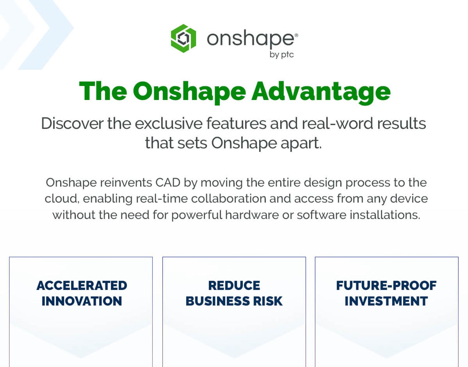 Accelerated innovation, reduced business risk, and future proof investment set Onshape apart from other CAD software