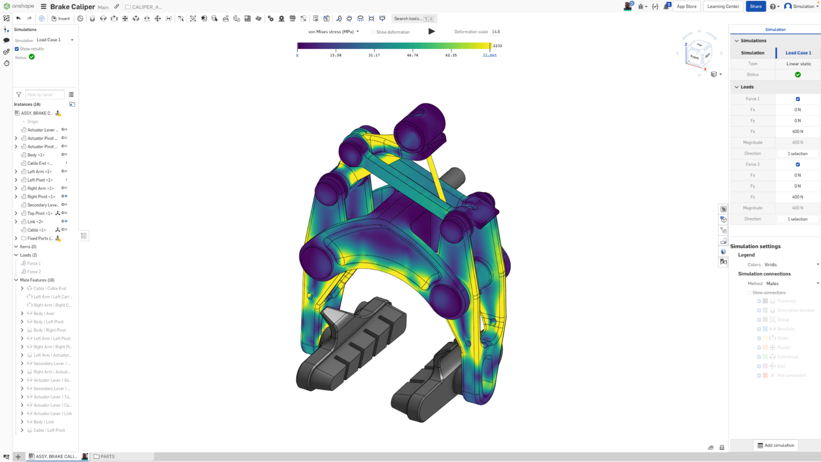 Onshape でシミュレーション解析中の CAD モデル。