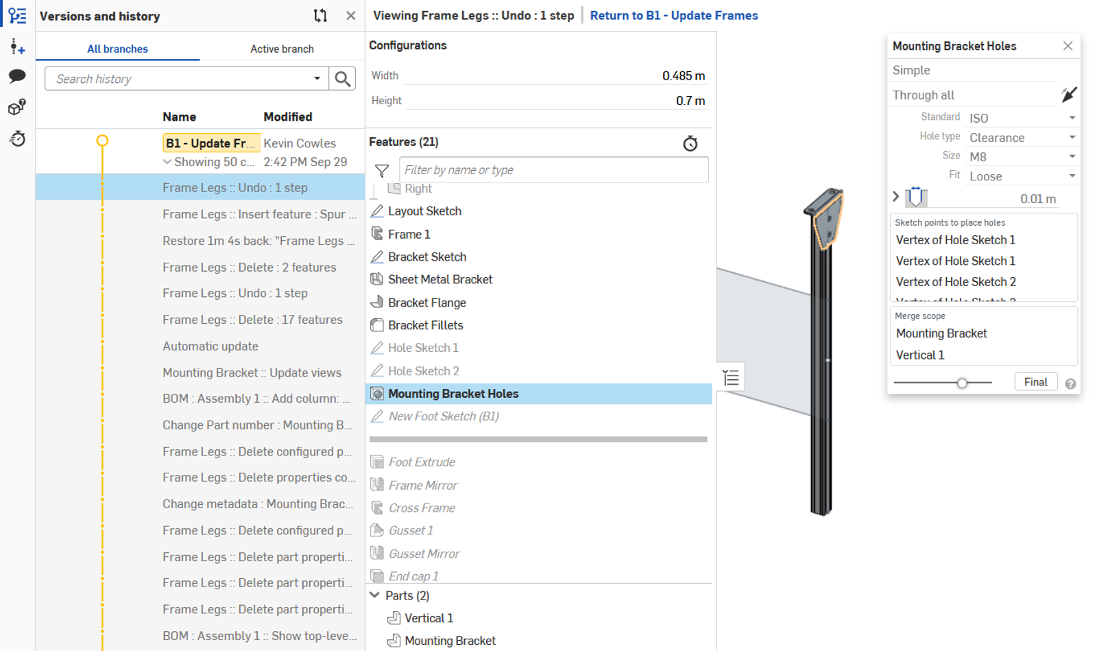 User is viewing the most recent change in the Onshape Versions and History for the Document. They have rolled up the feature tree and are viewing a feature dialogue in view-only mode.