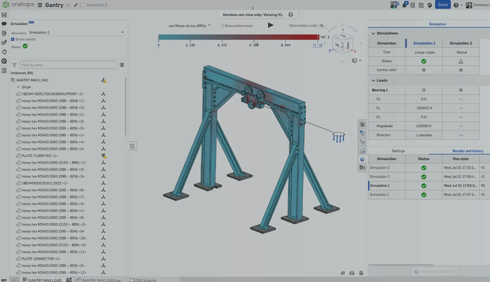 Onshape GUI with an overlay showing a 3D-modeled Gantry and the Simulation panel open.