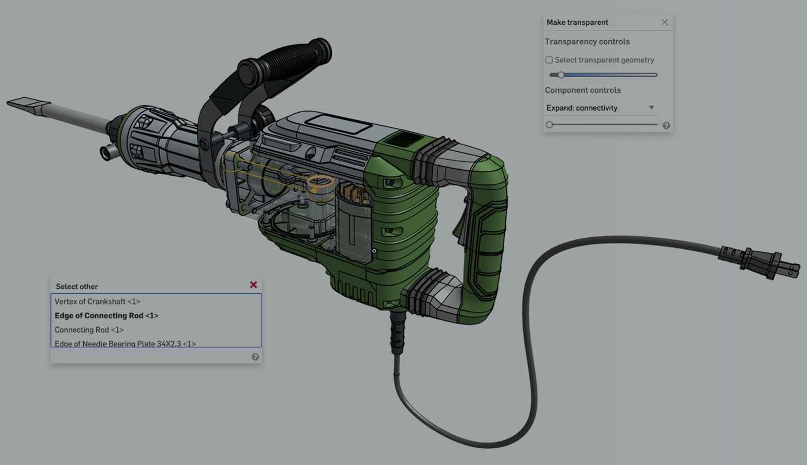 Onshape GUI with an overlay showing a 3D-modeled jackhammer and Select offer and Make transparent boxes open.