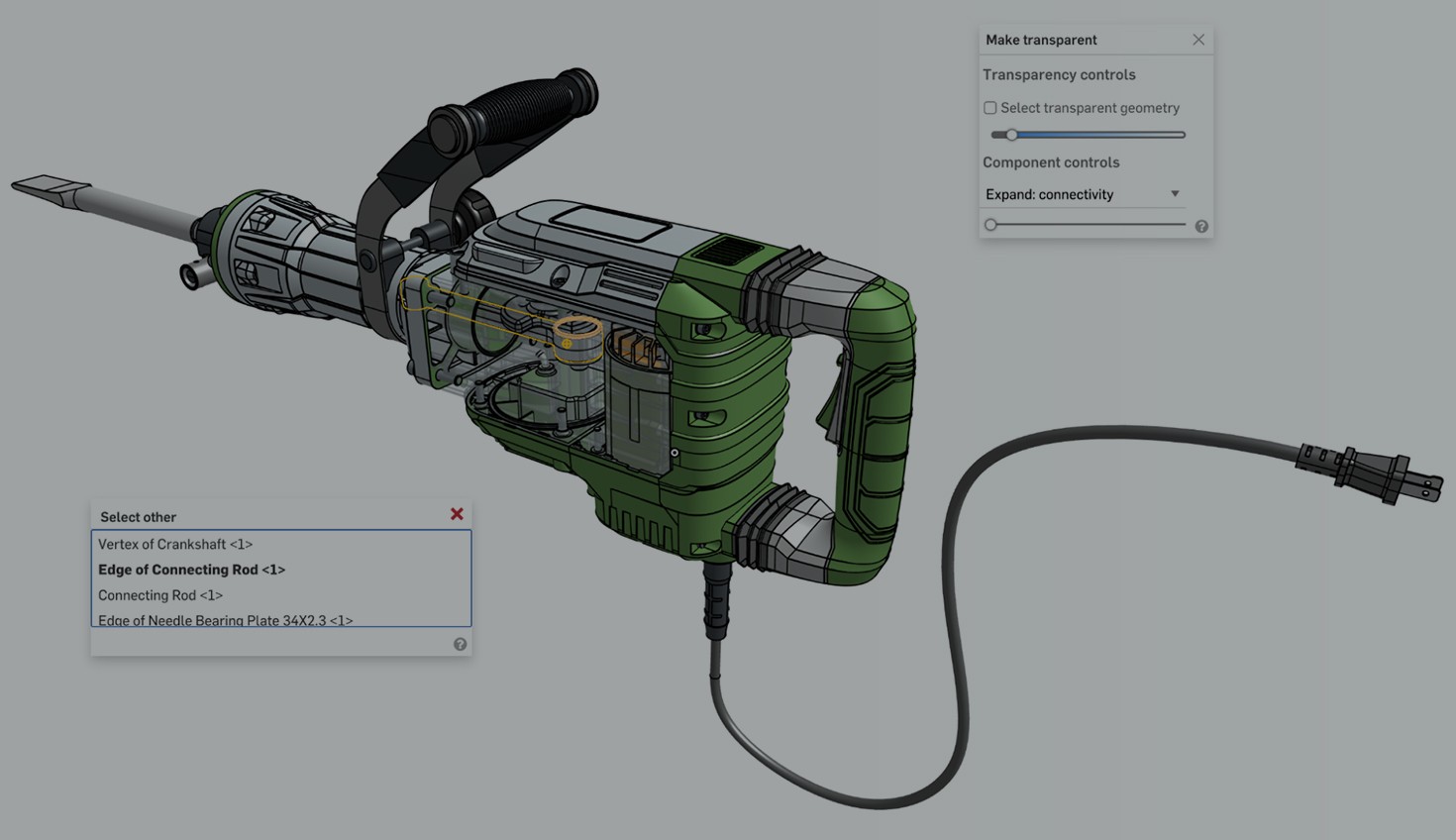 Onshape GUI with an overlay showing a 3D-modeled jackhammer and Select offer and Make transparent boxes open.