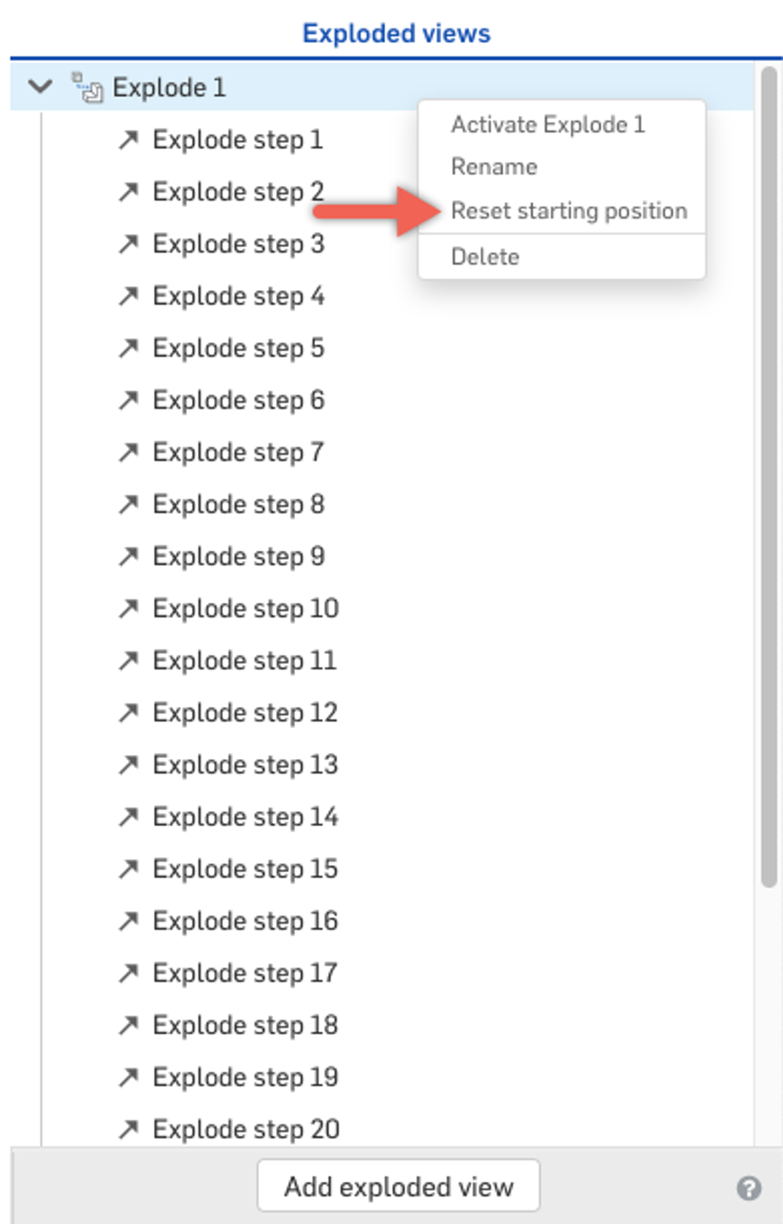 Reset starting position option in Explode views flyout.