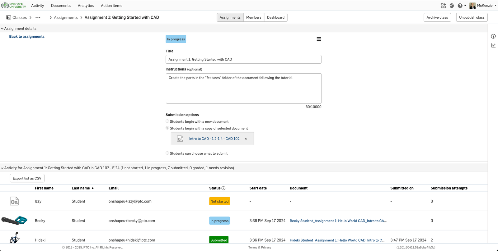 Onshape GUI showing the Classes workspace for educators and students.