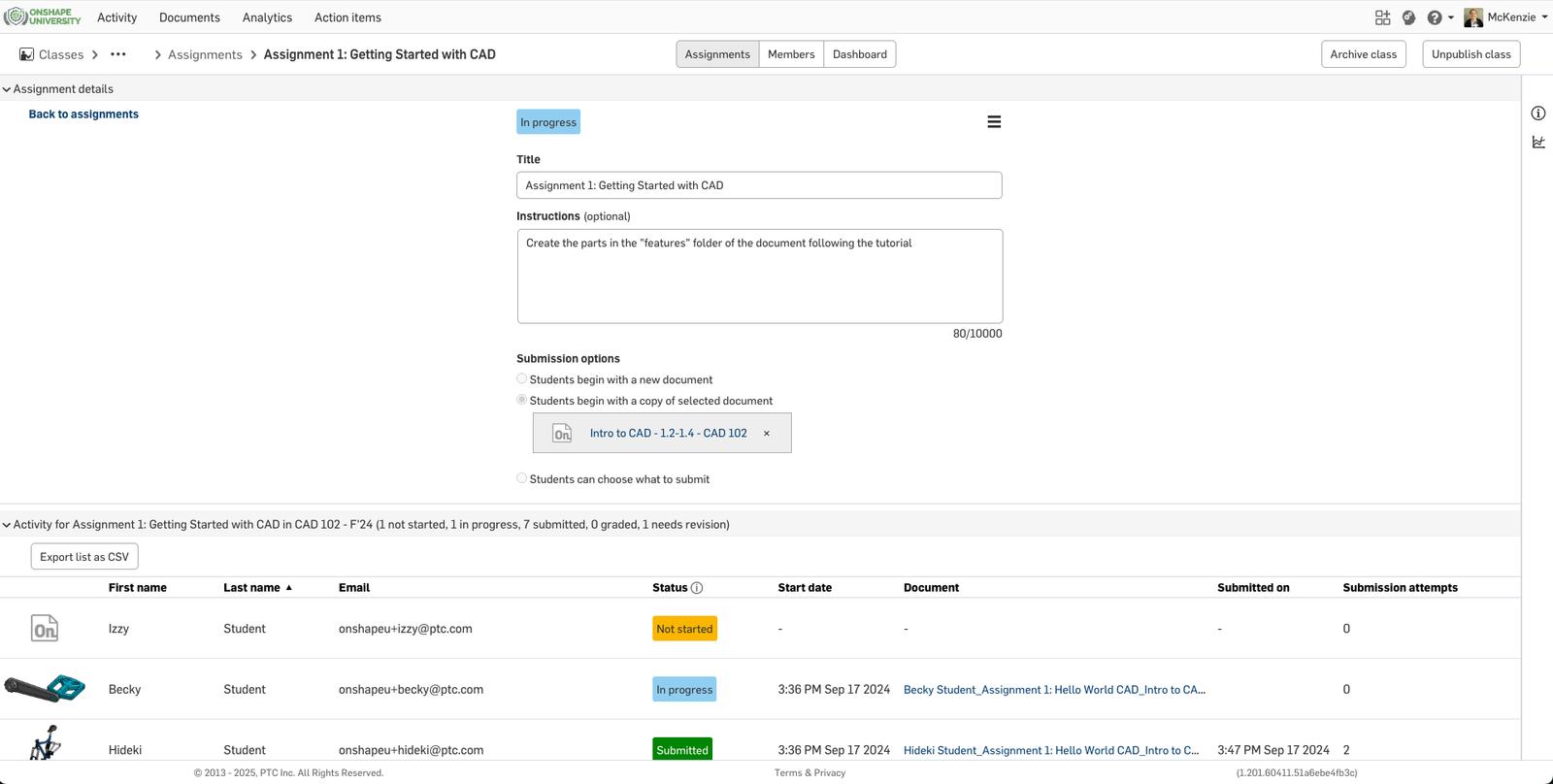 Onshape GUI showing the Classes workspace for educators and students.